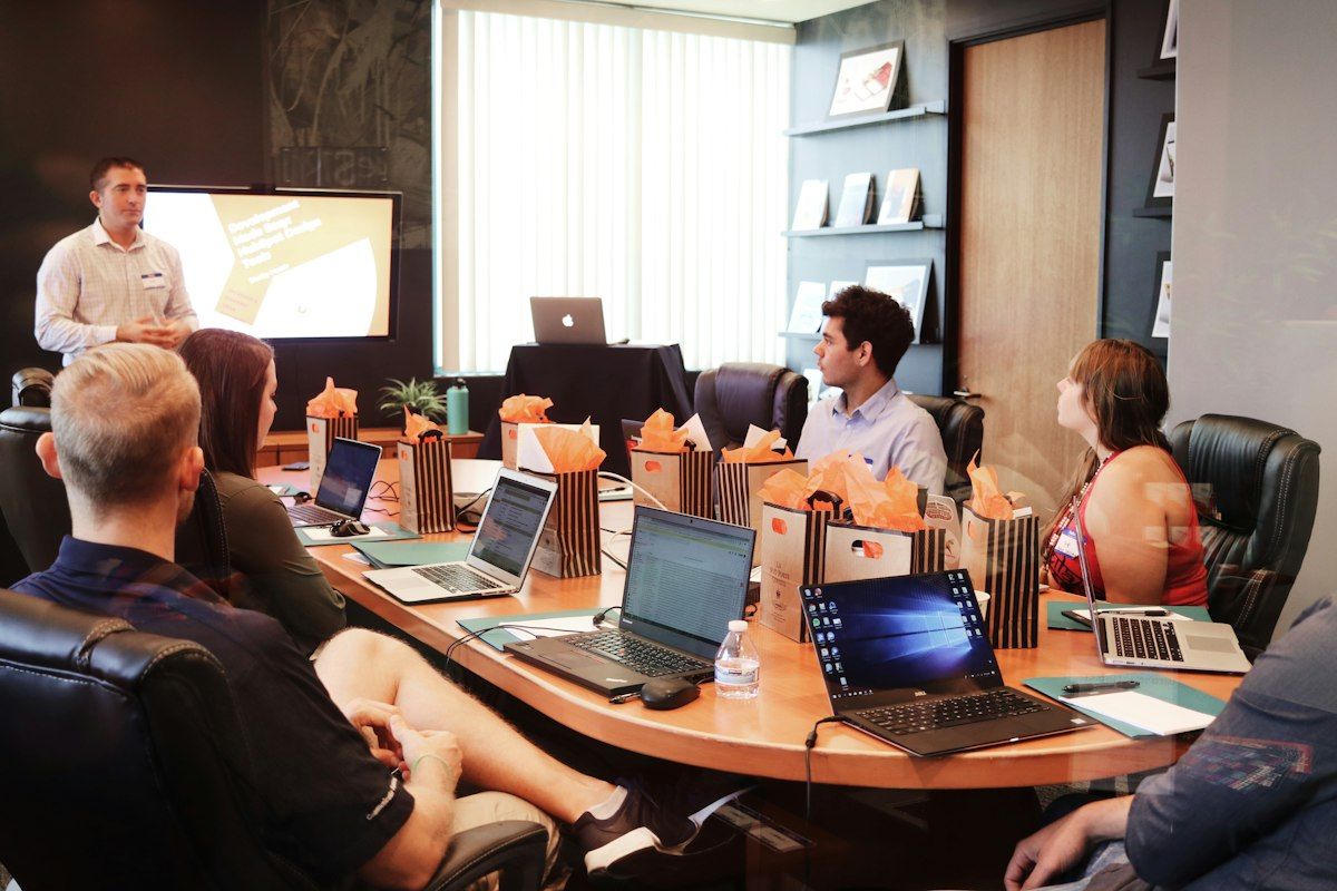 Modern open office with employees working